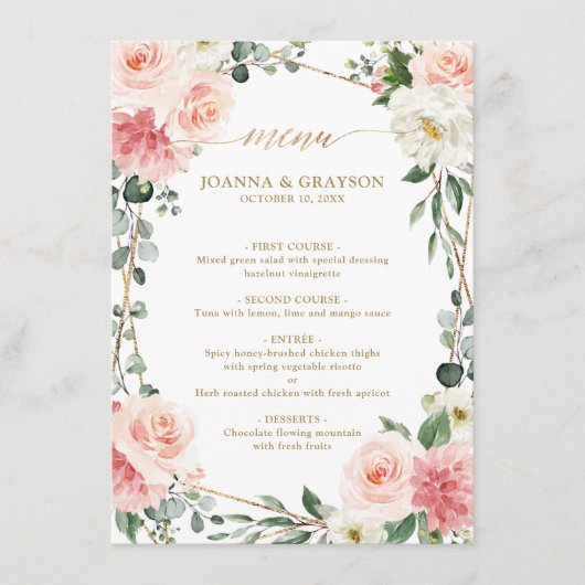 Blush Pink Floral Gold Geometric Wedding Menu (Voorkant)