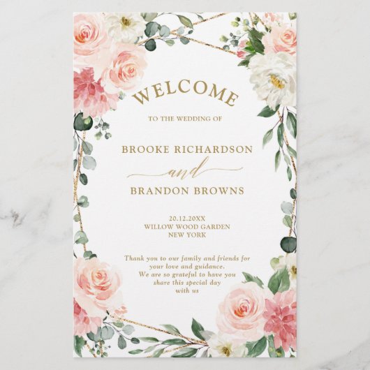 Blush Pink Floral Gold Geometric Wedding Programme (Voorkant)