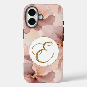 Blush Pink Floral Gold Glitter Letter E iPhone 16 Hoesje