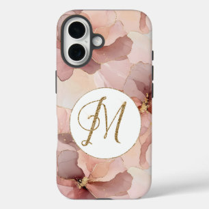 Blush Pink Floral Gold Glitter Letter M iPhone 16 Hoesje