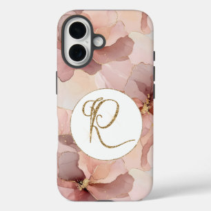 Blush Pink Floral Gold Glitter Letter R iPhone 16 Hoesje