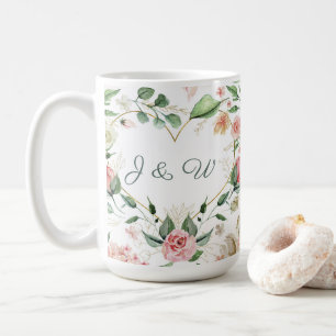 Blush Pink Floral Gold Heart Monogram Weddenschap Koffiemok
