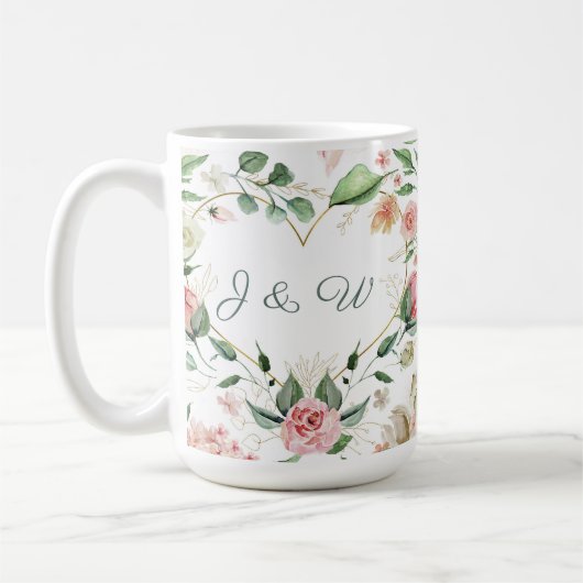 Blush Pink Floral Gold Heart Monogram Weddenschap Koffiemok (Links)