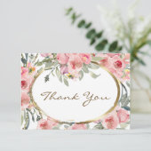Blush Pink Floral Gold Lijst Wedding Bedankkaart (Staand voorkant)