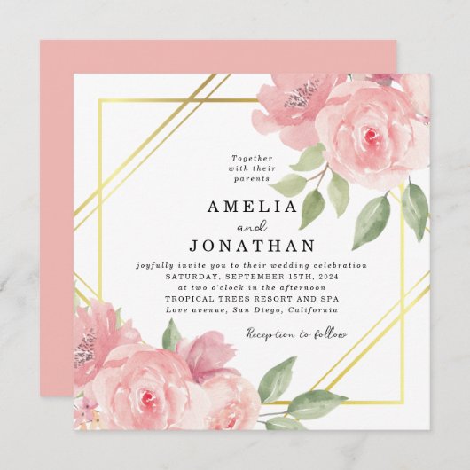 Blush Pink Floral Gold Lijst Wedding Kaart (Voorkant / Achterkant)