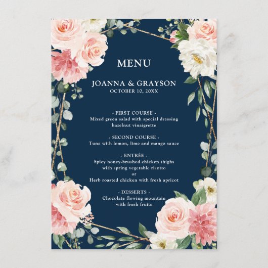 Blush Pink Floral Gold Navy Geometric Wedding Menu (Voorkant)