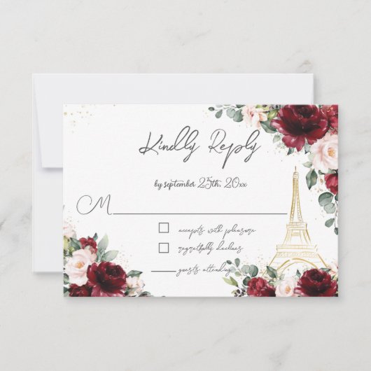 Blush Pink Floral Gold Paris Eiffel Quinceañera RSVP Kaartje (Voorkant)
