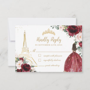 Blush Pink Floral Gold Paris Princess Quinceañera RSVP Kaartje