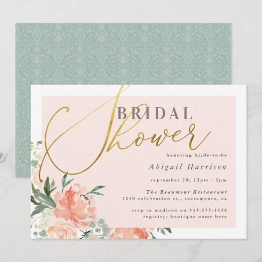 Blush Pink Floral Gold Script Vrijgezellenfeest Kaart (Voorkant / Achterkant)