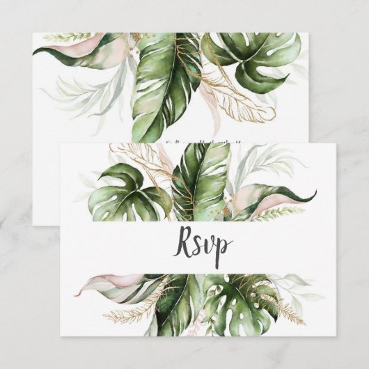 Blush Pink Floral Gold Tropical Greenery Wedding RSVP Kaartje (Voorkant / Achterkant)