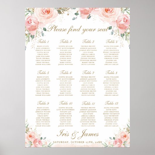 Blush Pink Floral Gold Wedding Seding Chart Sign Poster (Voorkant)