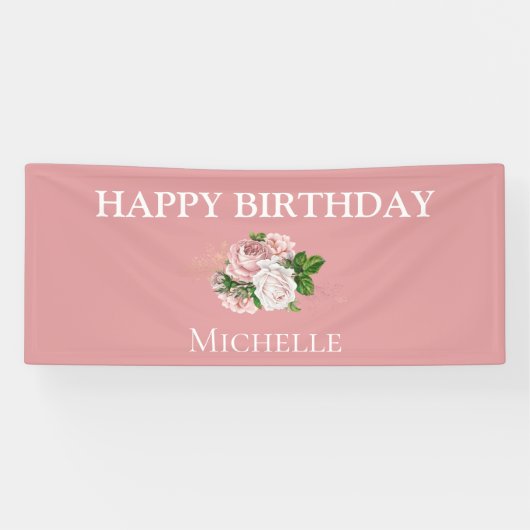 Blush Pink  Floral Greenery Happy Birthday Spandoek (Horizontaal)