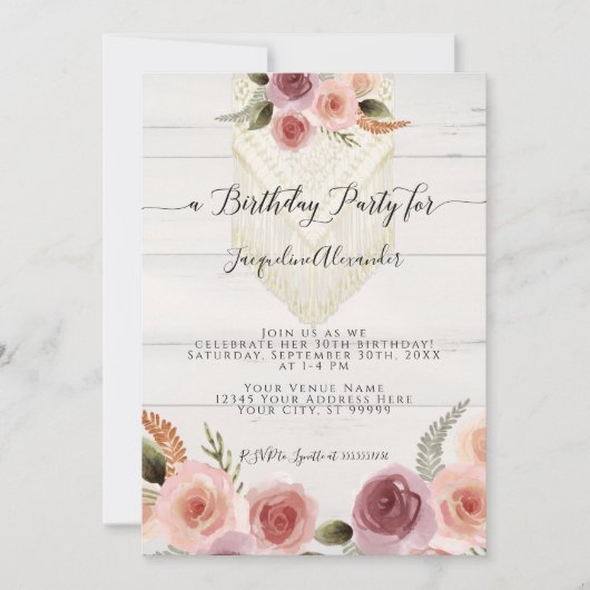 Blush Pink Floral Greenery Macrame Birthday Party Kaart (Voorkant)
