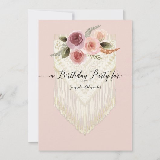 Blush Pink Floral Greenery Macrame Birthday Party Kaart (Achterkant)