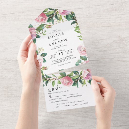 Blush Pink Floral & Greenery Wedding All In One Uitnodiging (Afscheurbaar)