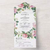 Blush Pink Floral & Greenery Wedding All In One Uitnodiging (Binnen)