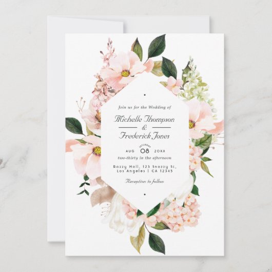 Blush Pink Floral Hydrangeas QR Code RSVP Weddensc Kaart (Voorkant)