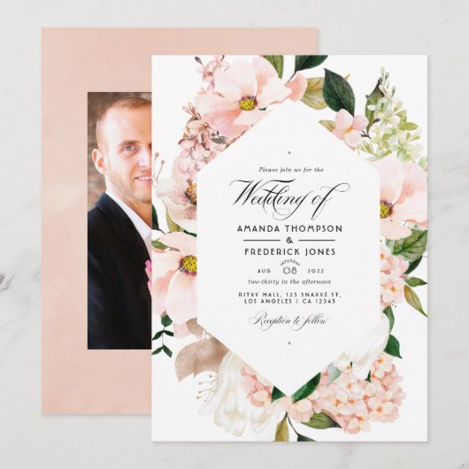 Blush Pink Floral Hydrangeas Weddenfoto Kaart (Voorkant / Achterkant)