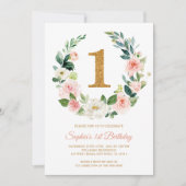 Blush Pink Floral krans 1e verjaardag uitnodiging (Voorkant)