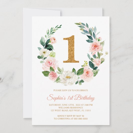 Blush Pink Floral krans 1e verjaardag uitnodiging (Voorkant)