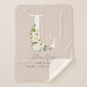 Blush Pink Floral Letter L Baby Script Birth Stats Sherpa Deken