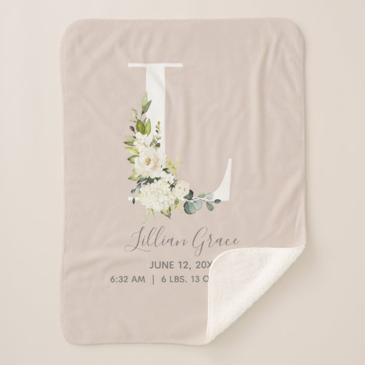 Blush Pink Floral Letter L Baby Script Birth Stats Sherpa Deken (Voorkant)