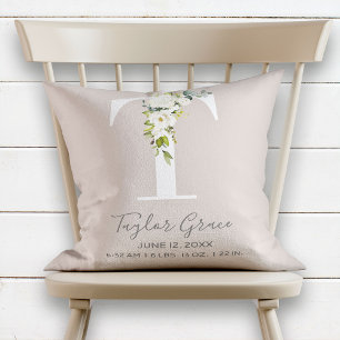Blush Pink Floral Letter T Baby Script Birth Stats Kussen
