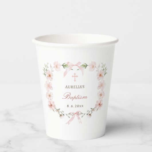 Blush Pink Floral Lijst doop Papieren Bekers (Voorkant)