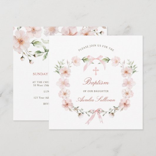 Blush Pink Floral Lijst doopplein Kaart (Voorkant / Achterkant)