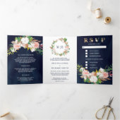 Blush Pink Floral Magnolia Cotton Navy Weddenschap Drieluik Uitnodiging (Binnen)