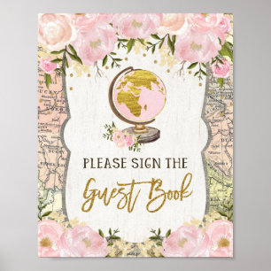 Blush Pink Floral Map avontuur Gastenboek Ondertek Poster