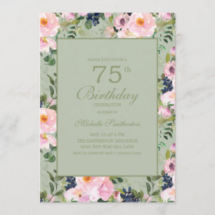 Blush Pink Floral Mint Green 75th Birthday Kaart