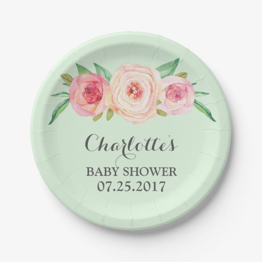Blush Pink Floral Mint Green Baby shower Bord (Voorkant)