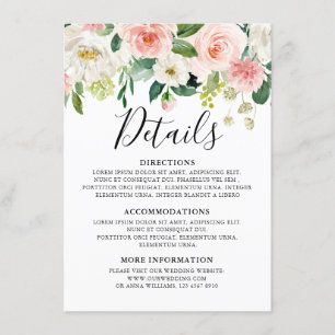 Blush Pink Floral Moderne botanische bruiloft deta Informatiekaartje