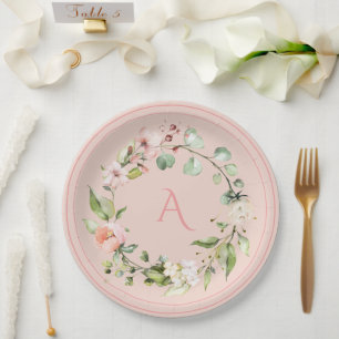 Blush Pink Floral Monogram Weddenschap Legant Pape Papieren Bordje