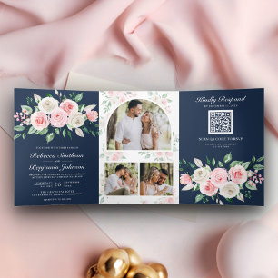 Blush Pink Floral Navy Blue QR Code Weddenschap Drieluik Uitnodiging