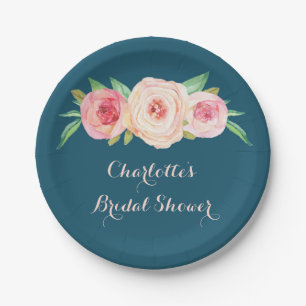 Blush Pink Floral Navy Blue Vrijgezellenfeest Bord
