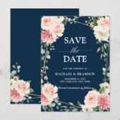 Blush Pink Floral Navy Geometric Save the Date (Voorkant / Achterkant)