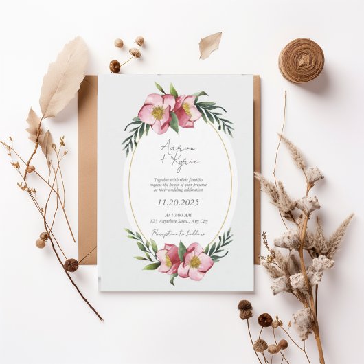 Blush Pink Floral Oval Wedding Invitation