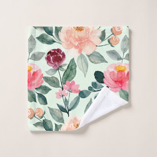 Blush Pink Floral Pattern Mint Bad Handdoek (Wasdoekje)