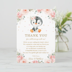 Blush Pink Floral Penguin Baby shower Birthday  Bedankkaart
