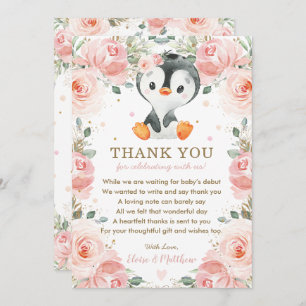 Blush Pink Floral Penguin Baby shower Verjaardag Bedankkaart