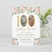 Blush Pink Floral Photo 100th Birthday Invitation (Debout devant)