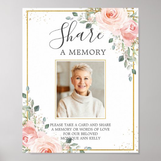 Blush Pink Floral Photo Funeral Share a Memory Poster (Voorkant)
