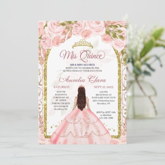 Blush Pink Floral Princess Arch Foto Quinceanera Kaart (Staand voorkant)