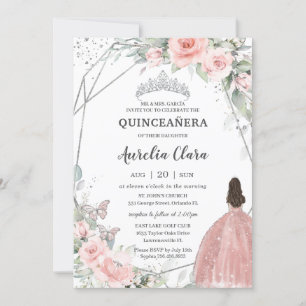 Blush Pink Floral Princess Butterflies Quinceañera Kaart