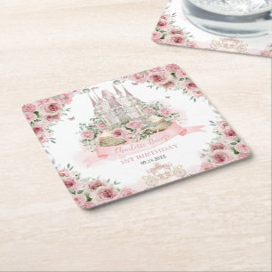 Blush Pink Floral Princess Castle Verhalenboek Vierkante Kartonnen Onderzetter