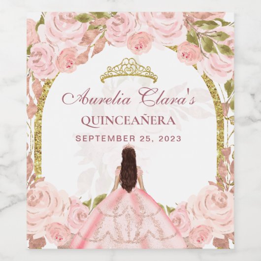 Blush Pink Floral Princess Gold Arch Quinceanera Wijn Etiket (Enkel label)