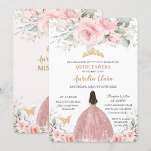 Blush Pink Floral Princess Roos Gold Quinceañera I Kaart