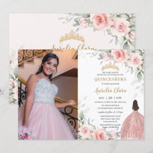 Blush Pink Floral Princess Roos Gold Quinceañera Kaart